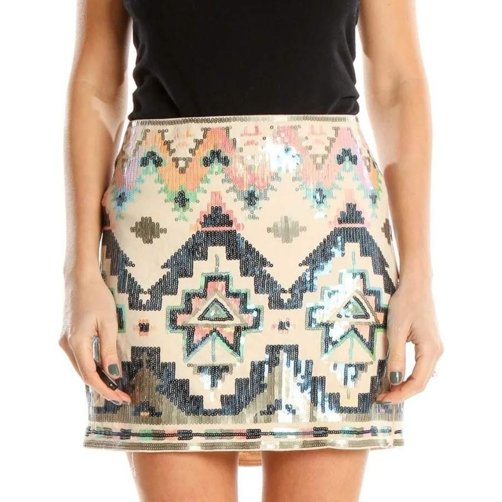 Express Sequin Mini Skirt Geometric Aztec Orange Green Beige SP